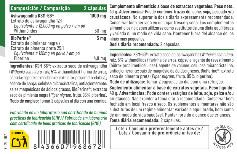 COMPOSICION FERALIVE ASHWAGANDHA KSM66+BIOPERINE 60 CAPS