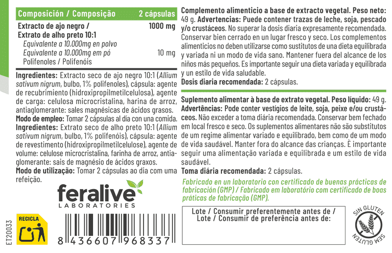 composición FERALIVE GARLIC AJO NEGRO 60 CAPS