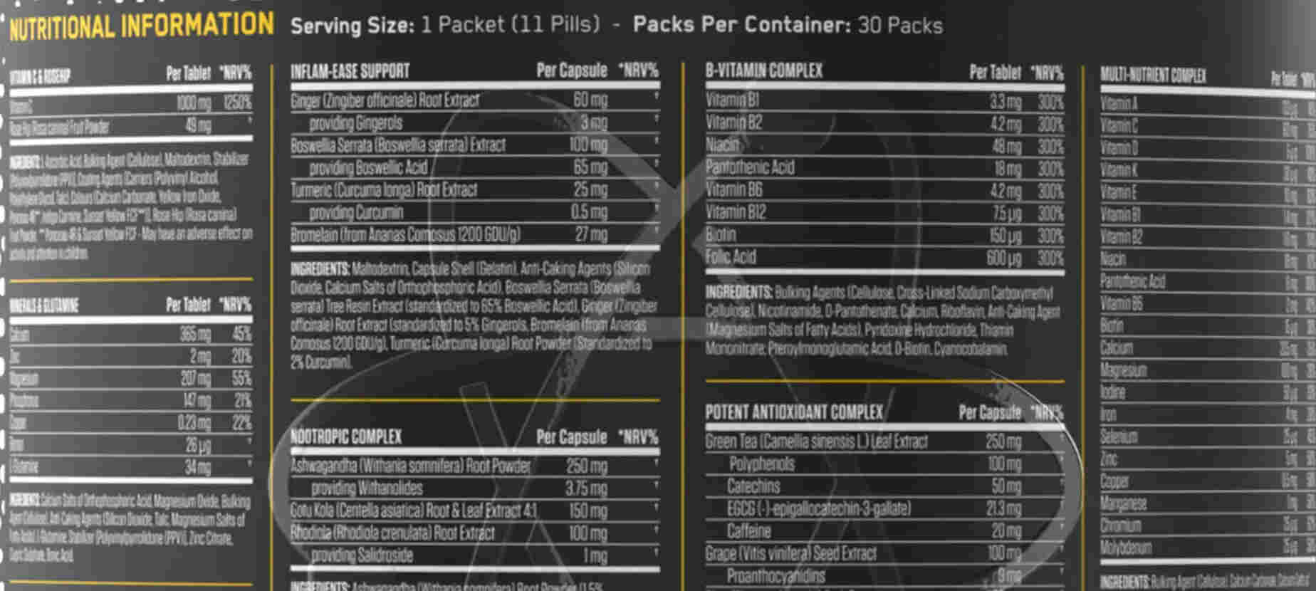 composicion APPLIED NUTRITION BLACK STAK 30 PACKS