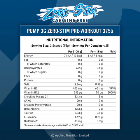 composicion APPLIED NUTRITION PUMP 3G 375 GR ZERO